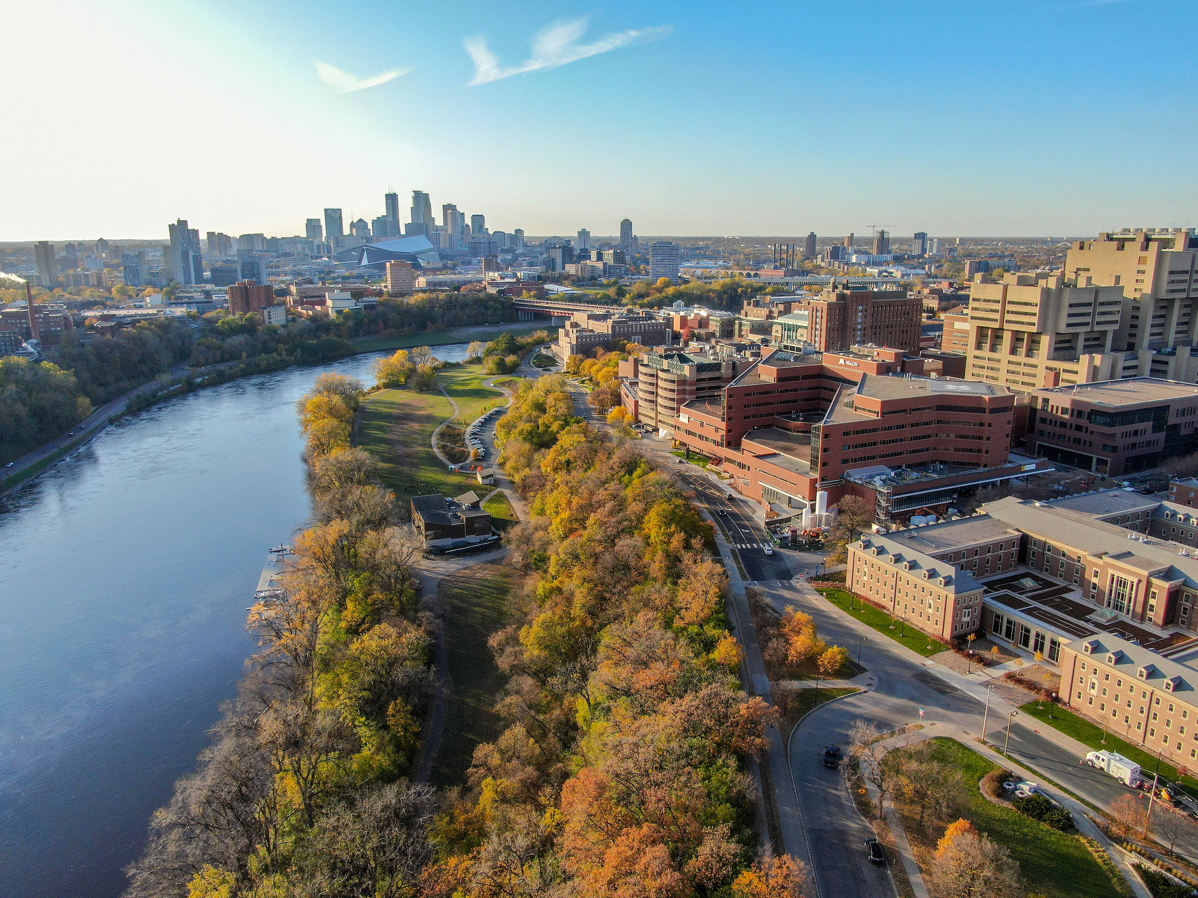 Image of East Bank and the rivers looking into downtown Minneapolis.